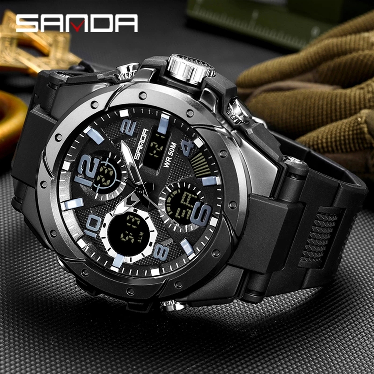 SANDA 6008 G Model Males's Sport Watch - LED Digital Quartz Twin Show Waterproof Wristwatch