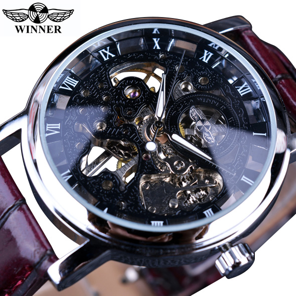 Winner Males's Luxurious Clear Golden Case Watch - Informal Design with Brown Leather-based Strap, Mechanical Skeleton Timepiece